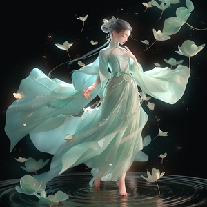 ly light , a huge lotus leaf , rich surreal detail , elegant giri , delicate face , an purglass figure , cyan Hanfu , dynamic hair , dancing pose , cyan - green gradient pund , surround Smoke , minimalist style ,3d renderer , Dream scene , ight , back light , surreal , ultra - fealistic photo , ultra - high definition ,16k, tng photo