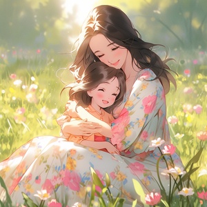 masterpiece, (best quality), highly detailed, ultra-detailed, warm, solo, (1 woman), (1 girl), sitting on the grass, (long hair), (flowery dress), (pink flowers), (yellow flowers), (blue flowers), (green grass), (sunny), (happy expression), (loving expression), (hugging), (embracing), (mother and daughter), (family), (bonding), (nature), (outdoors)