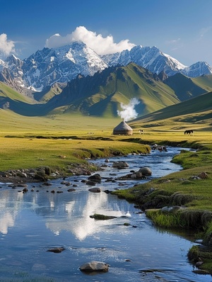 宏伟壮观的阿勒泰美景，雪山，草原，清澈的河流，远景：马群，毡房，炊烟