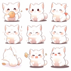 A cute little cat , face close - up , expression close - up , full body Piggy expressions and movements , exaggerated movements , happy , angry , sad , Surprised , happy , etc ., various emotions , white background , q version , Sticker art design , ultra - high definition ,8k, nine - square layout ar 3:4 niji 5