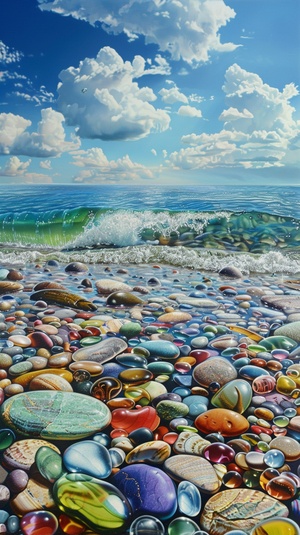 a glass beach with colorful stones, in the style of dreamlike realism, photo-realistic techniques, richly colored skies, sky-blue and white, naturecore, mesmerizing colorscapes, surrealistic dreamscapes