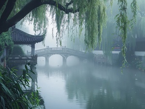 柳树掩映的江畔，微雾弥漫，水面泛起微波，漫天飘洒的细雨如烟，静谧中蕴含着浓浓的诗意。庭院内的小桥潺潺流水，西瓜葛藤垂挂，偶有蛙鸣声传来，仿佛置身于一个幽静的江南画卷。