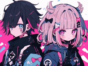 A girl and a boy,anime love live wallpaper 7, in the style of pink and black, ukiyo-e influence, expressive characters, genderless, ratcore, charming anime characters