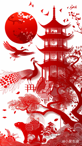 中国剪纸：孔雀与大象的红色矢量剪影