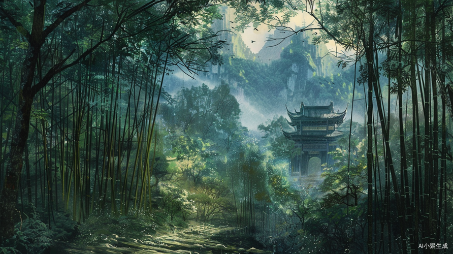 古风青山小楼柳树竹林