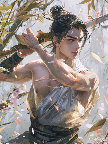 初露锋芒的中国古代少年，英姿飒爽，练武场上的师徒传承