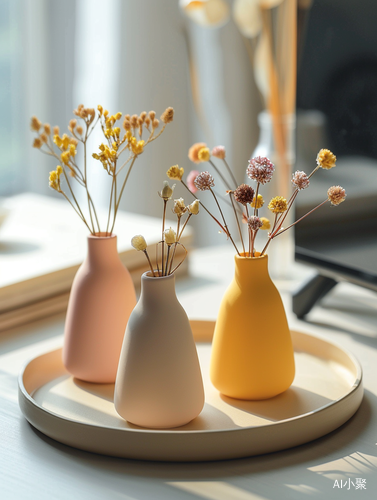 Small Yellow and Pink Vases with Dried Flowers on Open Tray