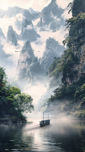 低角度，特写镜头Chinese landscape. A misty morning on the Yangtze River, capturing the serene beauty ofnature in intricate detail. Realistic & detailed strokesshowcase the play of light and shadow, blendingharmoniously to create a visual masterpiece. Let thevibrant colors breathe life into this breathtakinglandscape. breathtaking. sharp focus, studio photo,intricate detail, realistic. ultra HD, vivid colors, rich color,pen and ink, perfect composition, digital artwork,illustrative, painterly. award-winning, profess