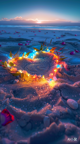 Glowing Heart-shaped Love Sand Painting on Snowy Beach