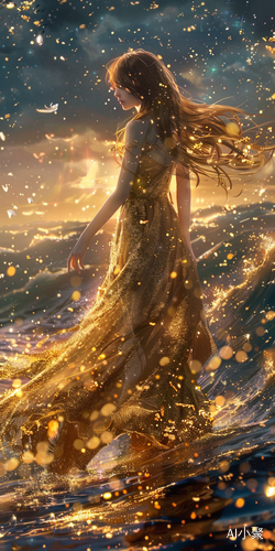 Hand-painted Girl in Gold Evening Gown Walking on the Sea