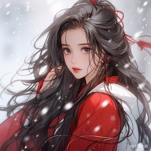 中式女孩插画：红白相间的汉服在雪地中绽放