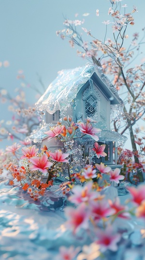 A house, 3D stereoscopic Ice material Interior light blue Conceptual product design Futuristic Blind box toy Handcrafted Exquisite 3D effect Full body display Ultra-high precision Ultra-detailed Perfect lighting OC Renderer Blender 8k Ultra-sharp Ultra-noise reduction，The surface is covered with colorful flowers。