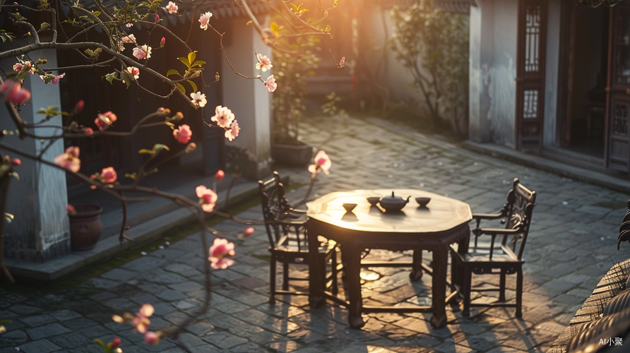 Quaint Courtyard: Traditional Chinese Architecture and Blooming Camellias