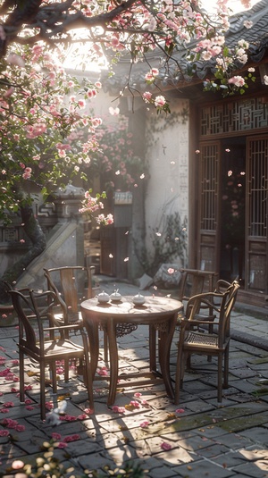 A quaint courtyard in the heart of Suzhou, adorned with traditional Chinese architecture and blooming camellias. A round wooden table is set for tea, surrounded by four intricately carved chairs. The setting sun casts long shadows across the stone floor as delicate petals float on the breeze., focus on face 