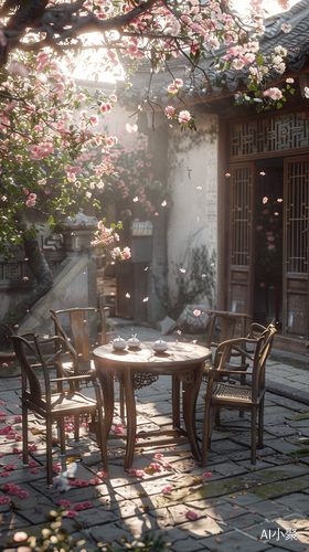 Quaint Courtyard: Traditional Chinese Architecture and Blooming Camellias