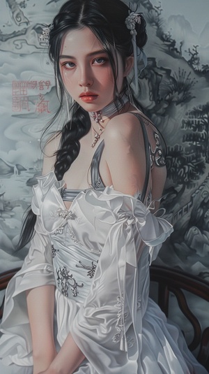 白衣古装美女侧身在墙上画画，