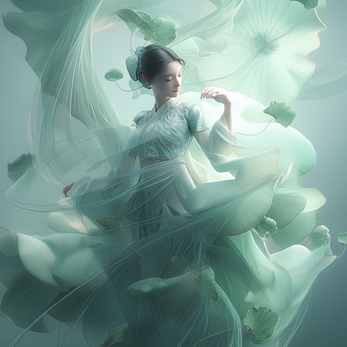 ly light , a huge lotus leaf , rich surreal detail , elegant giri , delicate face , an purglass figure , cyan Hanfu , dynamic hair , dancing pose , cyan - green gradient pund , surround Smoke , minimalist style ,3d renderer , Dream scene , ight , back light , surreal , ultra - fealistic photo , ultra - high definition ,16k, tng photo