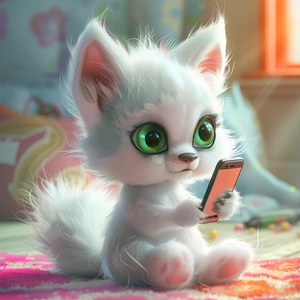 Cute little white fox baby, big green eyes, playing in bed, holding an iPhone in his paws. Style for Disney Pixar, 3D cartoon, colorful background, soft lighting, cute and charming, high resolution, meticulous hair texture, digital art style for Artgerm, Pixar style, meticulous character design, Zbrush central contest winner, Disney animation style, detailed character illustration, popular on the Cgsociety, popular furry artist style.