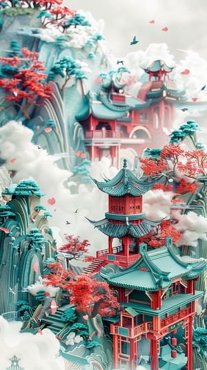 🌟描述词：Traditional Chinese architecture, Oriental landscape painting, Multi - dimensional paper kirigami craft, paper illustration, Chinese illustration on white background, above super wide angle, dreamy, 4K, romantic, trending on Artstation, spring, 3d relief s 300 ar 3:4