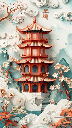 🌟描述词：Traditional Chinese architecture, Oriental landscape painting, Multi - dimensional paper kirigami craft, paper illustration, Chinese illustration on white background, above super wide angle, dreamy, 4K, romantic, trending on Artstation, spring, 3d relief s 300 ar 3:4