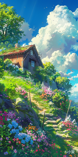 Anime Landscape with House, Flowers, and Trees