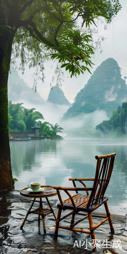 微雨漓江清澈云雾缭绕清茶竹椅