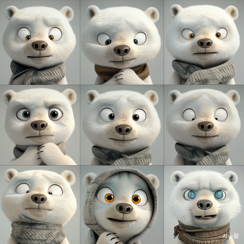 Nine Pictures: Gray, Lovely Polar Bear in 3D Cartoon Style