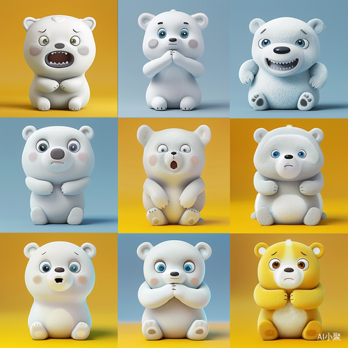 Nine Pictures: Gray, Lovely Polar Bear in 3D Cartoon Style