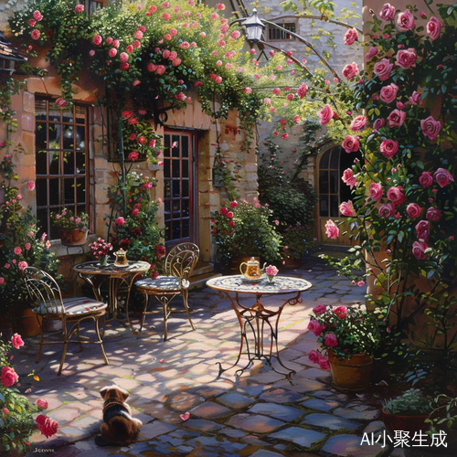 阳光小院，蔷薇花、茶、狗和桌椅