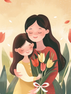 a pair of beautiful Asian mother and cute daughter embracing together,very happy,gentle face,smile face, delicate face,mother holding tulips in hand, bouquet tied with ribbon,flat illustration style,warm movie picture sense, foreground is some tulips, soft colors, warm tones, bright light,high quality detail, HD 8K ar 9:16 iw 1.2 niji 6 sref