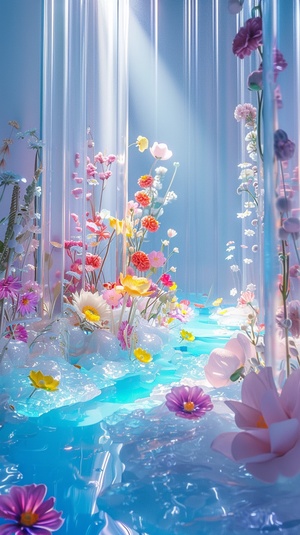 A house, 3D stereoscopic Ice material Interior light blue Conceptual product design Futuristic Blind box toy Handcrafted Exquisite 3D effect Full body display Ultra-high precision Ultra-detailed Perfect lighting OC Renderer Blender 8k Ultra-sharp Ultra-noise reduction，The surface is covered with colorful flowers。