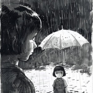 扁平风插画绘本风格，“我”是个短发小女孩，我被雨水冲进另一副身体，我看着他打你，我看到他无能哭泣，我被报复般藏匿，他们甚至不准我提起你。