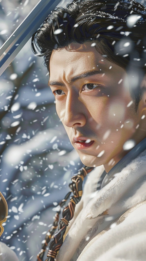 An ancient Chinese young man in blue armor, holding an iron sword and wearing black hair with long braids on his head is fighting against the wind under heavy snow. He has exquisite facial features in the style of Chinese portrait painting, in a closeup of his face, resembling high definition photography and game concept art. ar 3:4