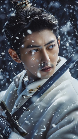 An ancient Chinese young man in blue armor, holding an iron sword and wearing black hair with long braids on his head is fighting against the wind under heavy snow. He has exquisite facial features in the style of Chinese portrait painting, in a closeup of his face, resembling high definition photography and game concept art. ar 3:4