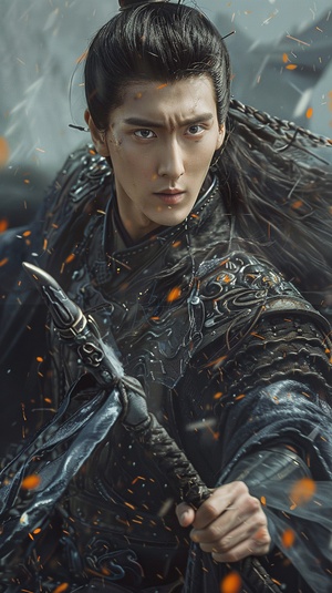 An ancient Chinese young man in blue armor, holding an iron sword and wearing black hair with long braids on his head is fighting against the wind under heavy snow. He has exquisite facial features in the style of Chinese portrait painting, in a closeup of his face, resembling high definition photography and game concept art. ar 3:4