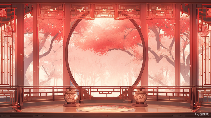 古风楼阁室外全景红墙桃花