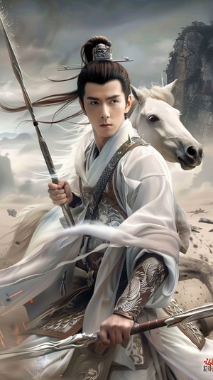 artistic ink painting,A handsome young Chinese man, wearing a set of silver armor , holding a very long and sharp spear. Behind this man is a white steed, with its eyes emitting white light,which is faintly visible. The intense ink painting, splashing effect, grand scene, splashing stones, bioluminescence, and side lighting are clear and distinct ar 3:4s 750