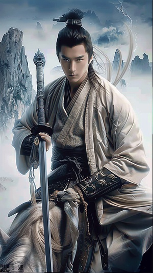 artistic ink painting,A handsome young Chinese man, wearing a set of silver armor , holding a very long and sharp spear. Behind this man is a white steed, with its eyes emitting white light,which is faintly visible. The intense ink painting, splashing effect, grand scene, splashing stones, bioluminescence, and side lighting are clear and distinct ar 3:4s 750