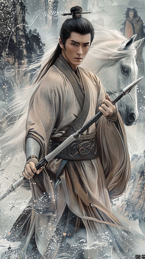 artistic ink painting,A handsome young Chinese man, wearing a set of silver armor , holding a very long and sharp spear. Behind this man is a white steed, with its eyes emitting white light,which is faintly visible. The intense ink painting, splashing effect, grand scene, splashing stones, bioluminescence, and side lighting are clear and distinct ar 3:4s 750