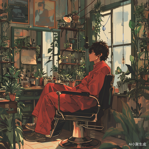 理发店等待剪发的年轻男子，红衣动漫风格