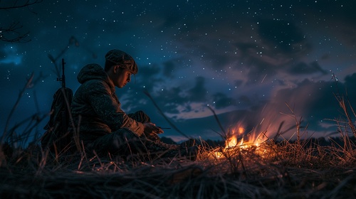 夜色如墨，星空璀璨。一名年轻的士兵坐在营火旁，手中握着一片枯黄的薇草，眼神中透露出对家乡的深深思念。远处，战鼓声、呐喊声此起彼伏，而他心中却只有远方的那片土地和那些熟悉的面孔。火光映照下，他的脸庞显得坚定而又孤独。