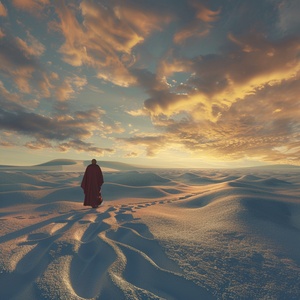 风雪天气，空旷的雪地里，远处一个僧人在行走，大漠孤烟直，长河落日圆，天地辽阔，超真实细节，超高清，8k