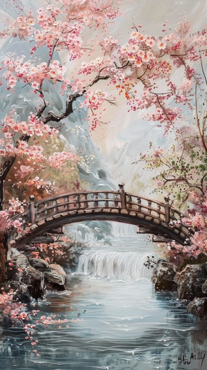 asian painting of a bridge over a river with pink blossoms