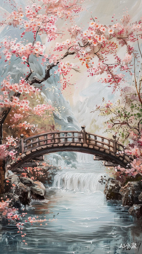 Asian Painting of a Bridge with Pink Blossoms