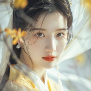 handsome beauty, delicate face, fair and smooth skin, sharp eyes, wearing white and light yellow clothes, flying hair, flowing sleeves, portrain face close-up, chinese traditional painting style, the style of the ancient sui and tang dynasties, refers to song huizong, wind dancing posture, faceshot, point-of-view