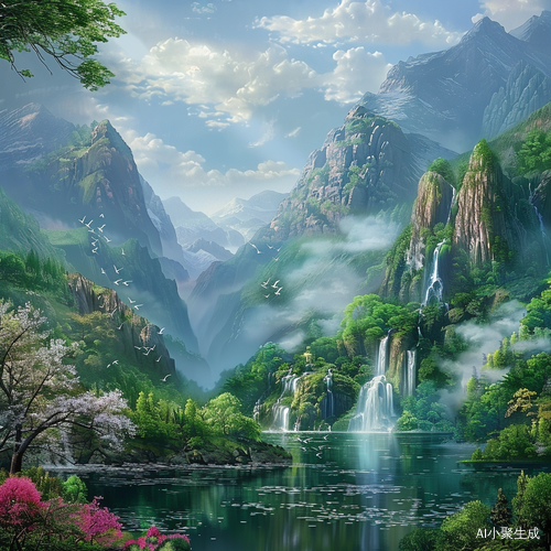 瀑布飞花如画的青山绿水绿树间
