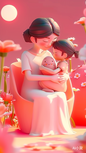 Dreamy Landscape of Mother and Daughter Hugging in Cartoonish Style