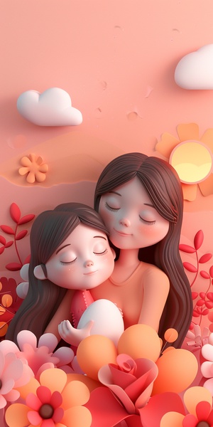 3D illustration of a cute mother and daughter hugging each other, surrounded by flowers and eggs in the style of dreamy landscapes with soft atmospheric perspective, vibrant orange and pink stage backdrops, childlike innocence and charm with cartoonish character design featuring bold shapes and cute characters against a pink background with a simple white sun in the sky resembling paper cutouts from 2d game art.