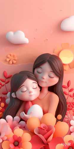 Dreamy Landscape of Mother and Daughter Hugging in Cartoonish Style