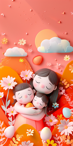 Dreamy Landscape of Mother and Daughter Hugging in Cartoonish Style